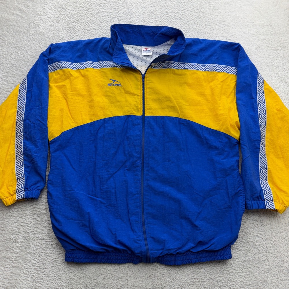 Score Vintage Mens XL Track Jacket Blue Yellow Colorblock Mesh Lined Windbreaker